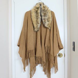 Women's Shawl Poncho Cape with Faux fur collar